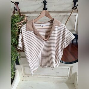 Tan and white striped collared shirt